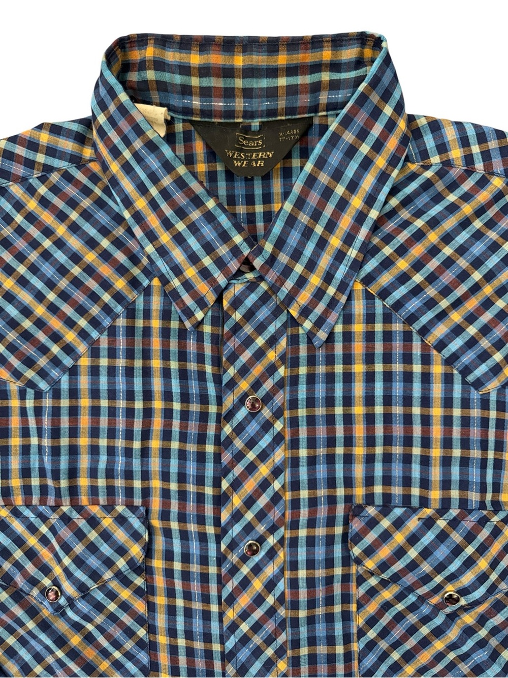 Vintage 70s Sears Western Pearl Snap Plaid Shirt Disco Cowboy XL 17-17.5